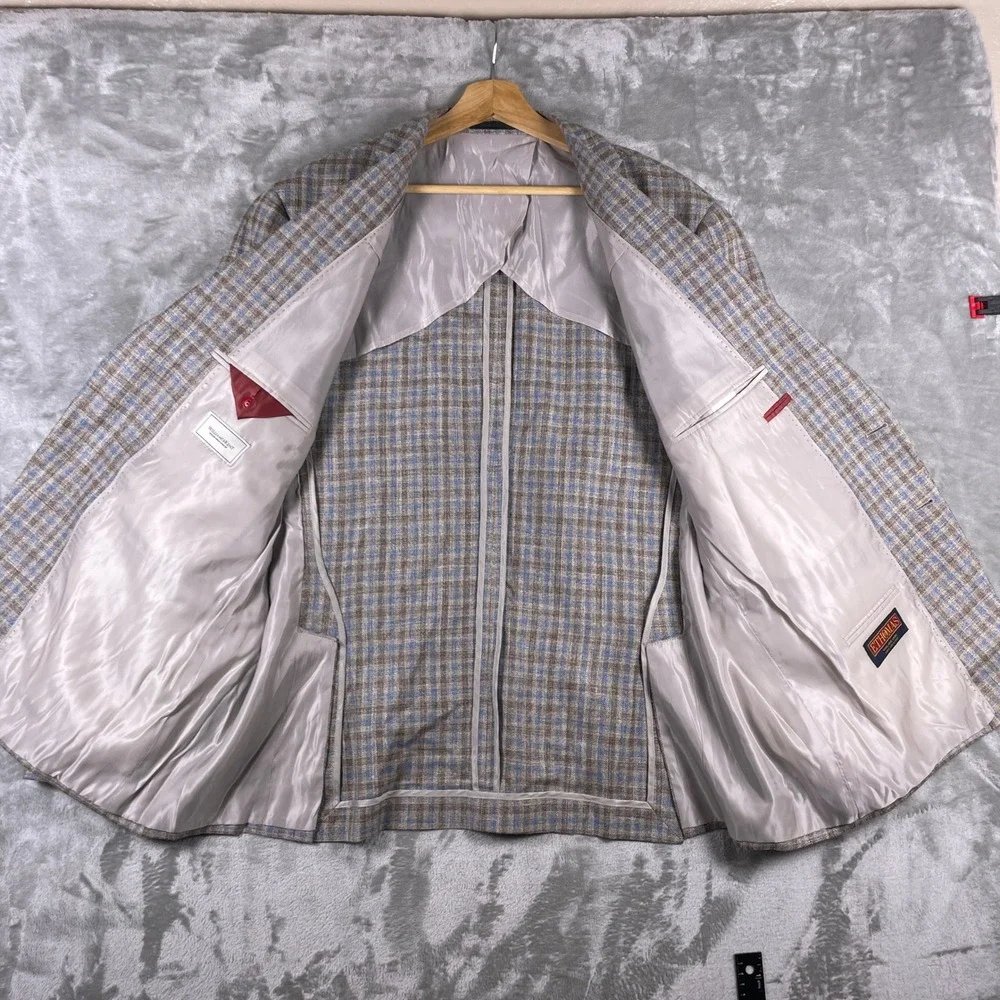 Williams & Kent Sport Coat Mens 48 Brown Blue Plaid Wool Silk Linen E.Thomas
